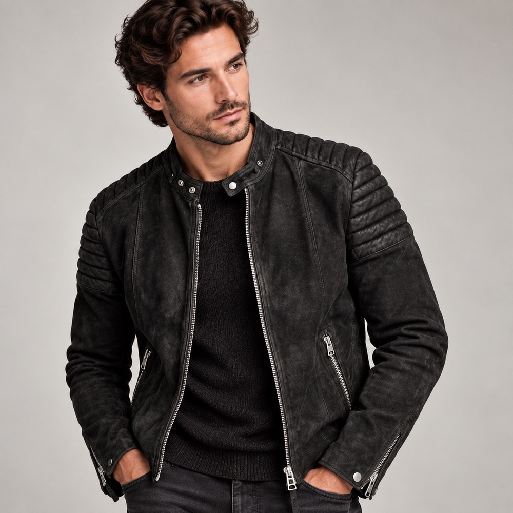 AllSaints Caxton Goat Suede Biker Jacket Charcoal Black XL Quilted Moto SONY